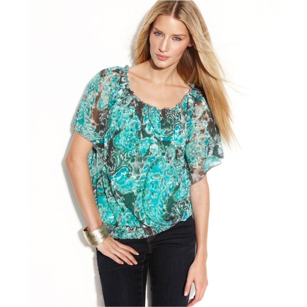 New! INC Paisley 2-Piece Mesh Top Blouse & Camisole Flutter Sleeve Medium Green